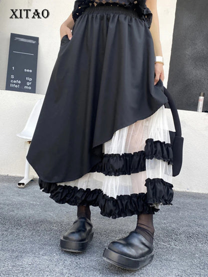 XITAO Vintage Mesh Patchwork Skirt Fashion All-match Asymmetric Women Loose Korea Trend Elastic Waist A-line Skirt GYX1612