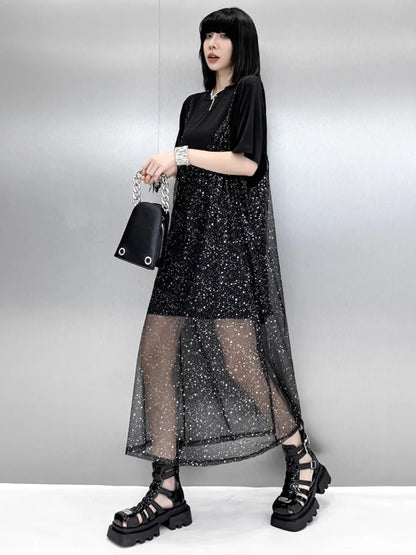 XITAO Sequin Mesh O-neck Dress Casual Loose Fitting A-line Hong Kong Elegant Fashion Personality Summer Women Dress ZMY1235