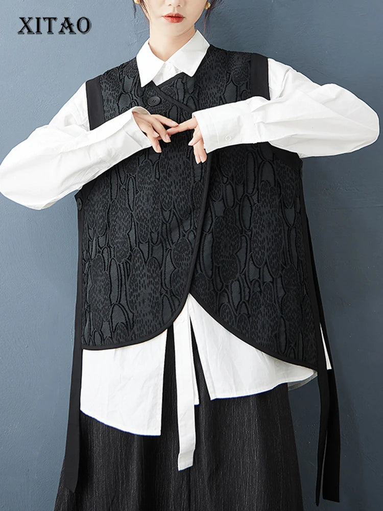 XITAO Irregular Black O-neck Vest Casual Sleeveless Female Top New Autumn Single Breasted Women Fashion All Match Vest GJ1216
