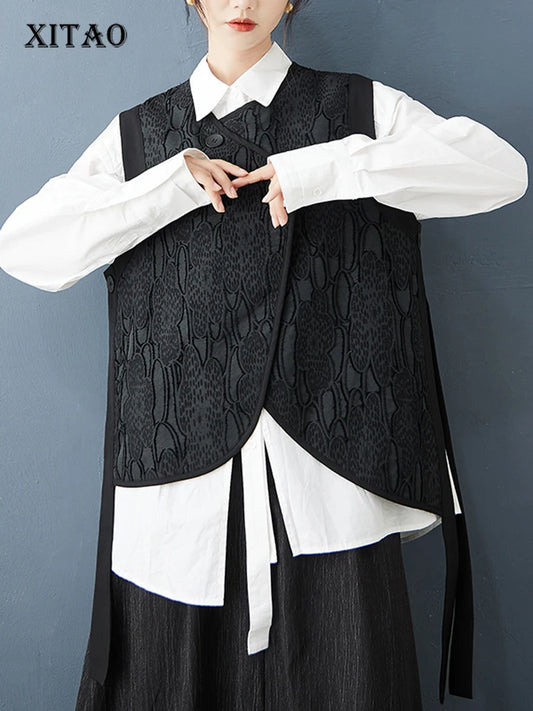 XITAO Irregular Black O-neck Vest Casual Sleeveless Female Top New Autumn Single Breasted Women Fashion All Match Vest GJ1216