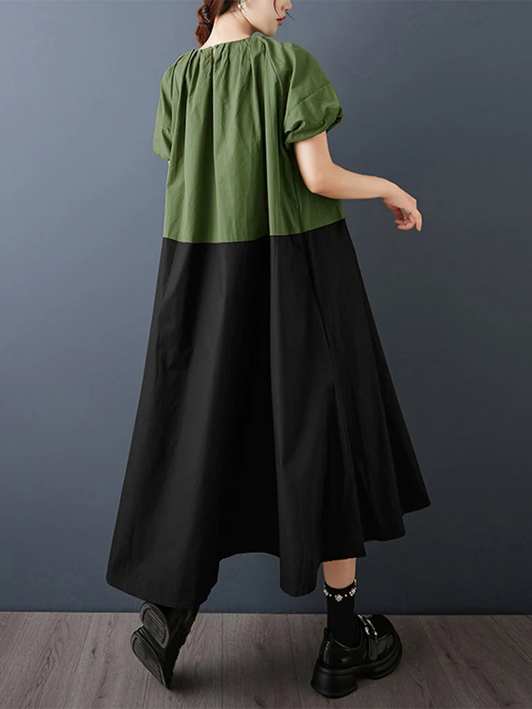XITAO A-line Contrast Colors Loose Dress Pullover Patchwork O-neck Lantern Sleeve Slimming Casual Summer Woman Dress ZMY1409