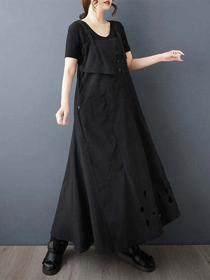 XITAO Hollow Out Solid Color Dress Loose Vintage Casual Sleeveless Asymmetrical Simple Patchwork Summer Woman Dress ZMY1401