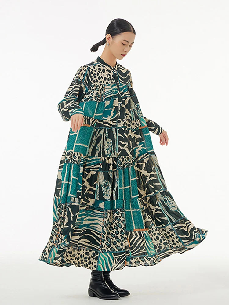 XITAO Vintage Print Casual Dress Stand Collar Full Sleeve Pullover Korea Slim Loose Spring Fashion Women New Dress LYD1684