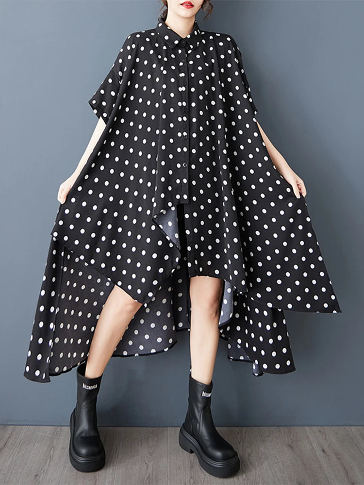 XITAO Polka Dot Irregular Lapel Dress Casual Loose Fitting Turn-down Collar Fashion European Style Summer Women Dress GYX1544