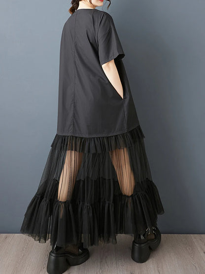 XITAO Patchwork Gauze Pleated Female Dress Loose O-neck Casual Short Sleeve Simple Slimming All-match Summer Woman Dress ZMY1287