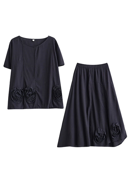 XITAO Floral O-neck Asymmetric Matching Set Casual Solid Color Elastic Waist A-line Short Sleeve Fashion Women Set GYX1573
