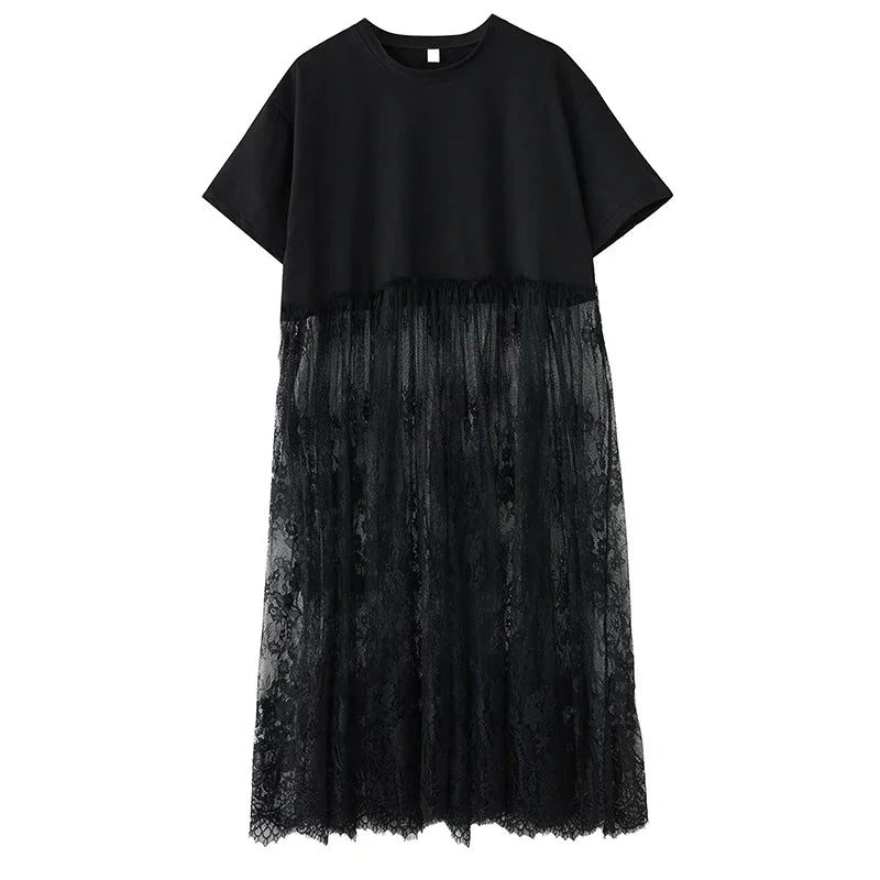 XITAO Patchwork Lace Perspective Pullover Dress Solid Color O-neck Short Sleeve Loose Casual Temperament Women Dress ZMY1245