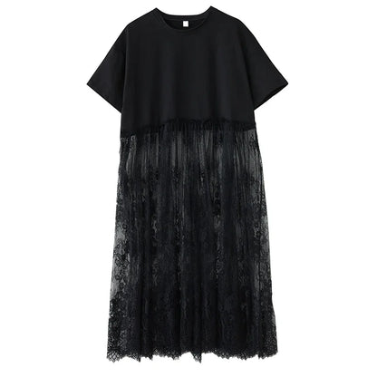 XITAO Patchwork Lace Perspective Pullover Dress Solid Color O-neck Short Sleeve Loose Casual Temperament Women Dress ZMY1245