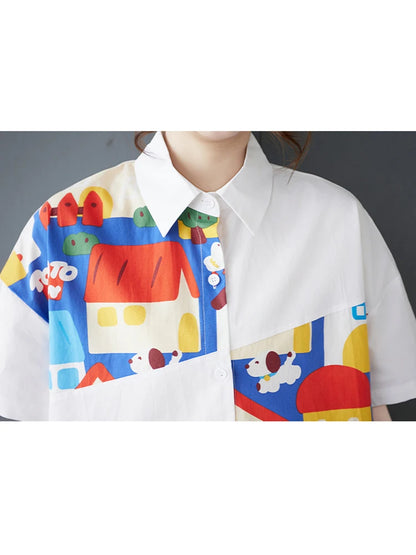 XITAO Patchwork Cartoon Half Sleeve Shirt Casual Turn-down Collar Simple Single Breasted Elegant Summer Female Blouse GYX1533