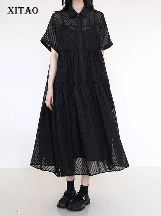 XITAO Loose Solid Color Hollow Out Dress Single Breasted Short Sleeve All-match New Arrival Temperament Woman Dress ZMY1261