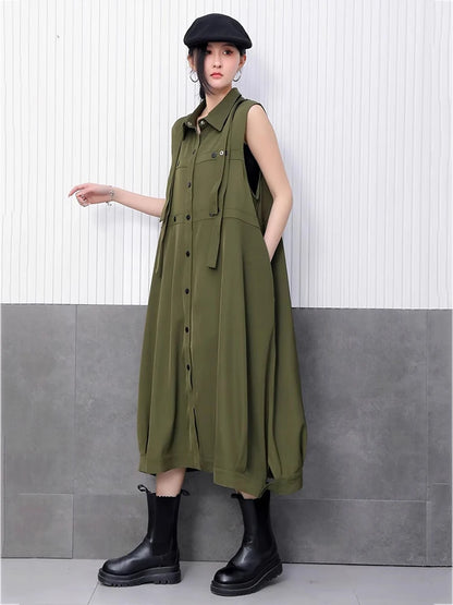 XITAO Single Breasted Turn-down Collar Dress Casual Solid Color Sleeveless A-line Fashion Ribbon Summer Women Dress HQQ2479
