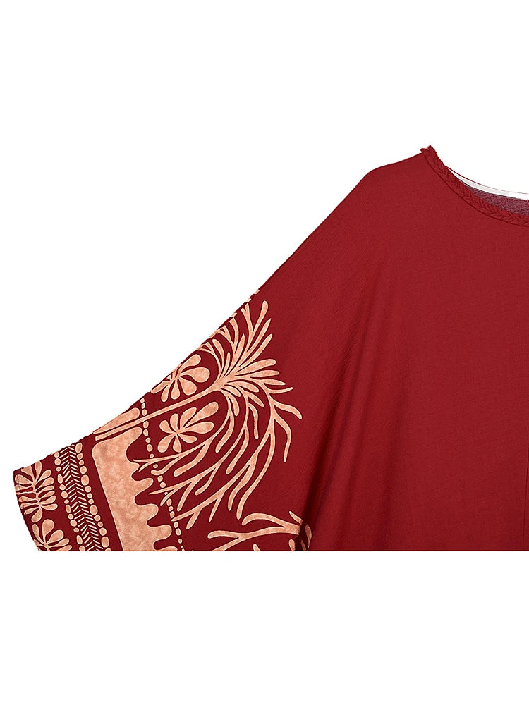 XITAO O-neck Bat Wing Sleeve Vintage Dress Side Slit Print Pullover Loose Temperament Summer Woman Ankle-length Dress GJ1191