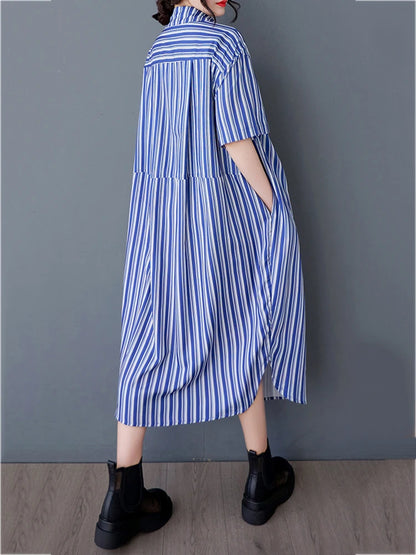XITAO Patchwork Print Stripe Pullover Dress Turn-down Collar A-line Casual Half Sleeve Leisure New Summer Female Dress GYX1572