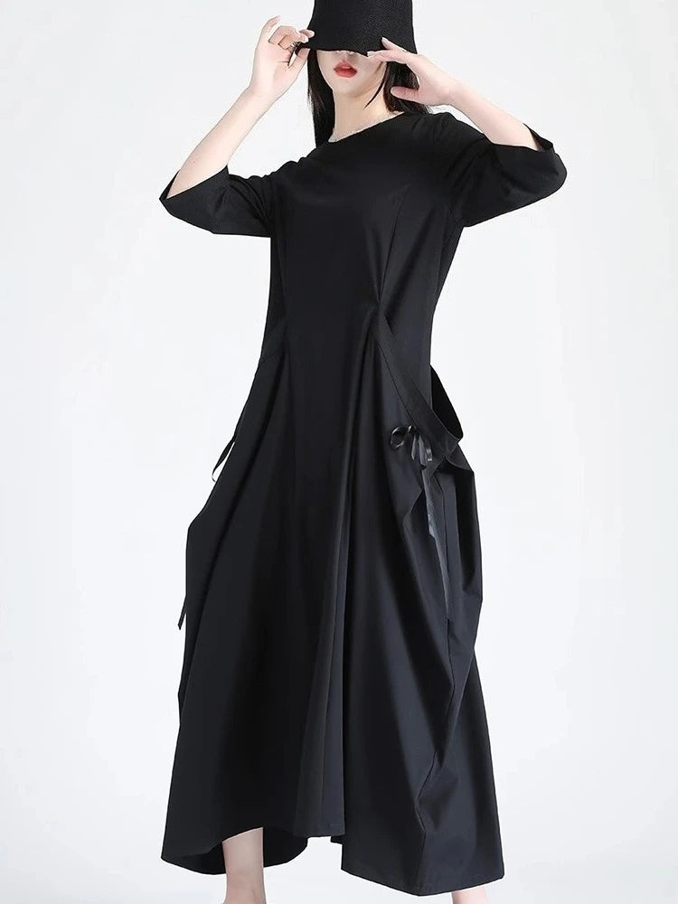 XITAO Pocket Patchwork Bandage Solid Color Dress O-neck Pullover Loose Half Sleeve Ankle-length Slim Temperament Dress HQQ2514