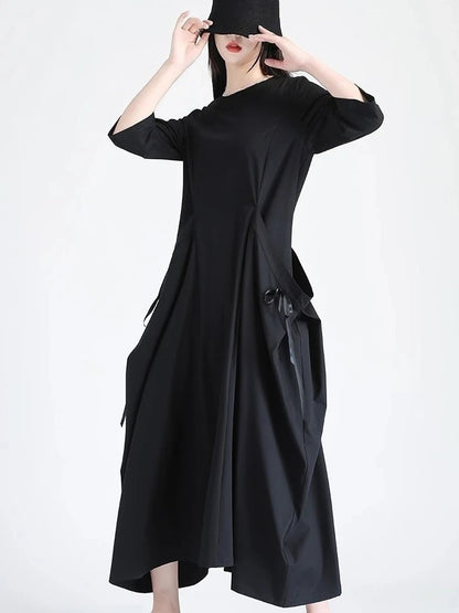 XITAO Pocket Patchwork Bandage Solid Color Dress O-neck Pullover Loose Half Sleeve Ankle-length Slim Temperament Dress HQQ2514