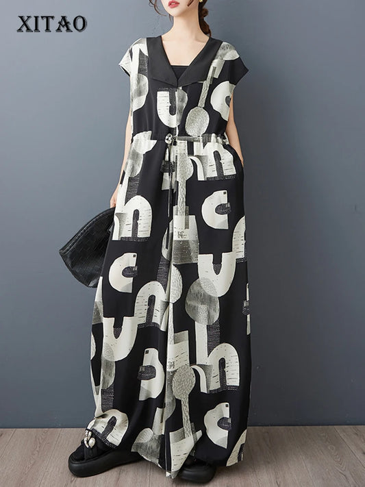 XITAO Print Letter Contrast Color Bandage Jumpsuits V-neck Short Sleeve Pocket Loose Slim Casual Summer Women Jumpsuits ZMY1351