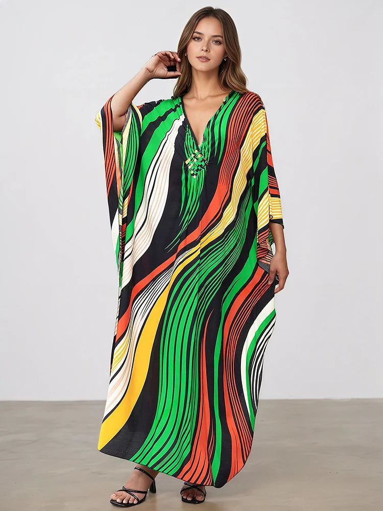 XITAO Contrast Color Striped Loose Dress V-neck Pullover Print Side Slit Casual Slimming Summer Simple Summer Woman Dress GJ1184