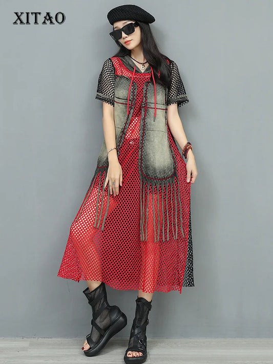 XITAO Hollow Out Patchwork Trend Dress Loose Contrast Color Short Sleeve Casual Personality Hooded Summer Woman Dress HQQ2510