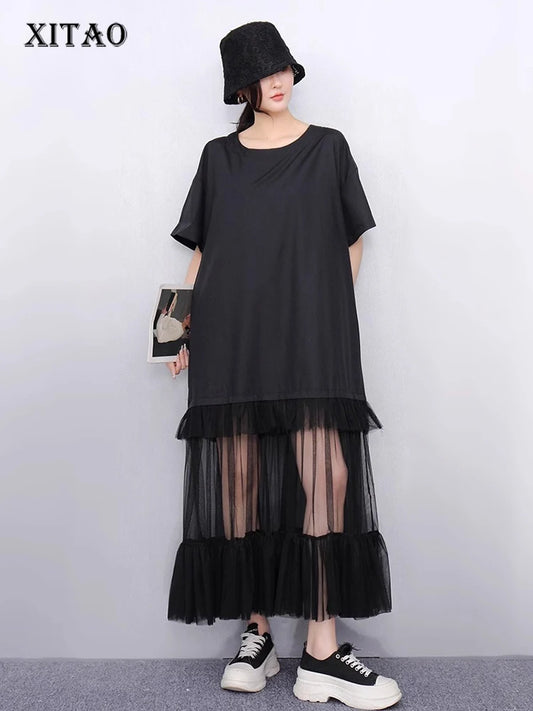 XITAO Gauze Patchwork Loose Female Dress O-neck Short Sleeve Casual Simple Slimming Temperament Summer Woman Dress HQQ2496