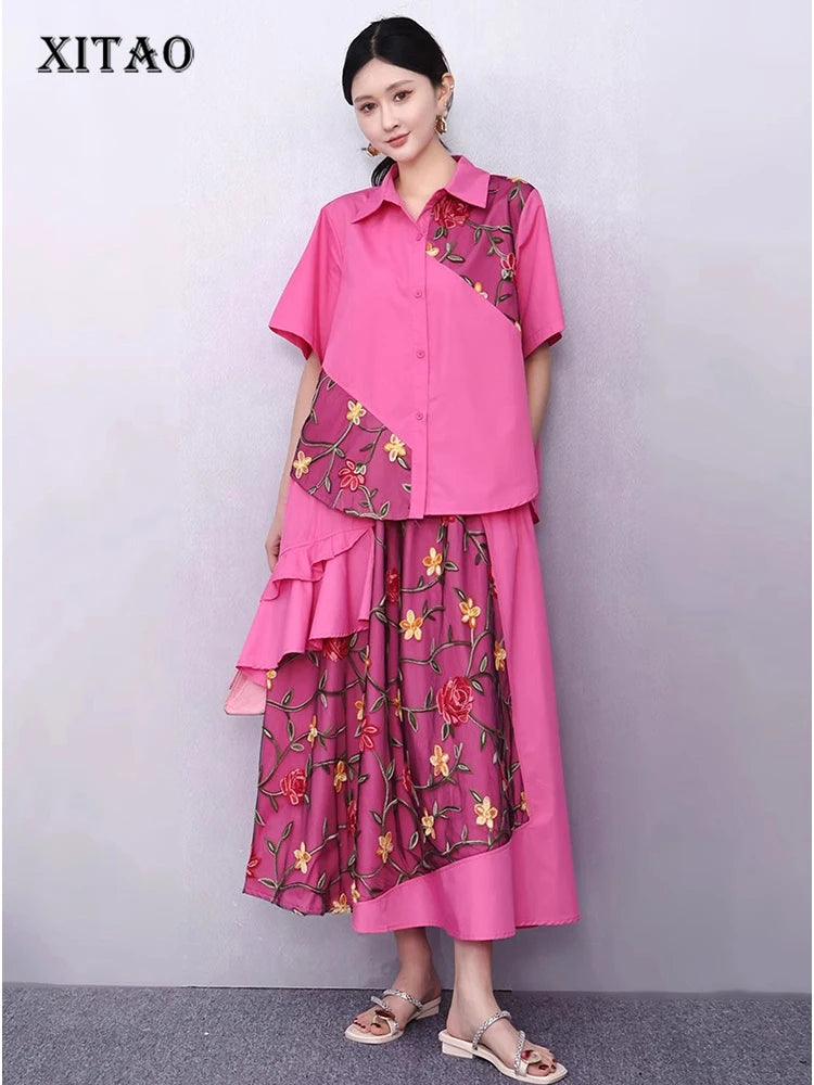 XITAO Asymmetrical Gauze Flower Sets Patchwork Embroidery Turn-down Collar Short Sleeve Loose Elegant Two-piece Sets HQQ2503