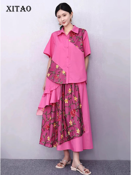XITAO Asymmetrical Gauze Flower Sets Patchwork Embroidery Turn-down Collar Short Sleeve Loose Elegant Two-piece Sets HQQ2503