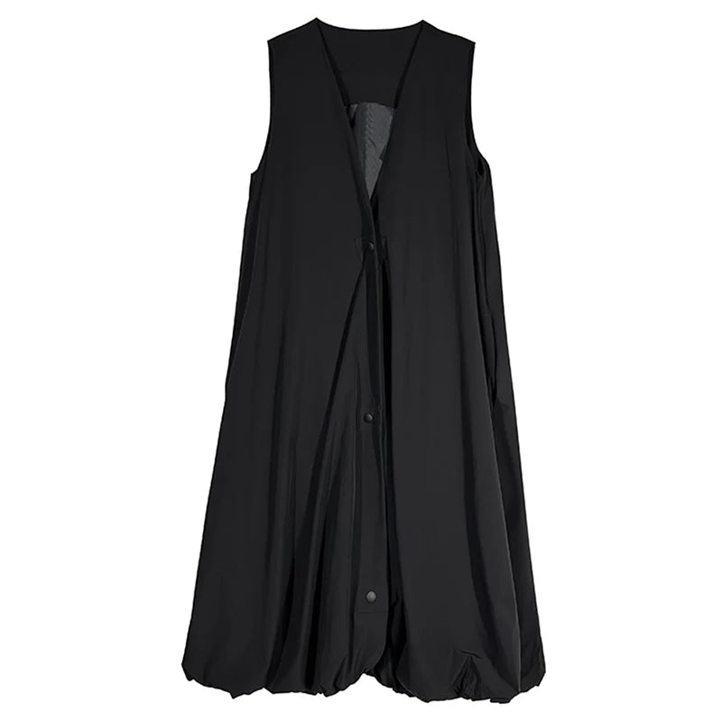 XITAO V-neck Single Breasted Dress Sleeveless Casual Solid Color A-line Leisure Fashion Elegant New Arrival Spring Dress HQQ2450