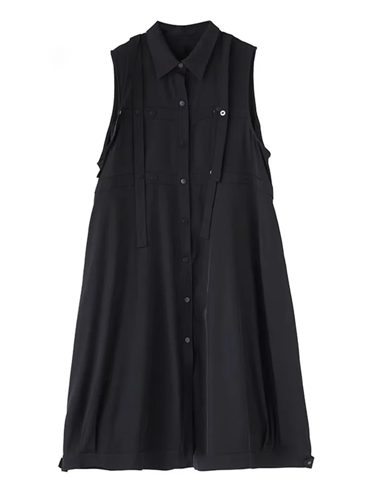 XITAO Single Breasted Turn-down Collar Dress Casual Solid Color Sleeveless A-line Fashion Ribbon Summer Women Dress HQQ2479