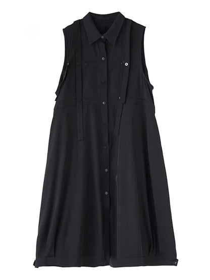 XITAO Single Breasted Turn-down Collar Dress Casual Solid Color Sleeveless A-line Fashion Ribbon Summer Women Dress HQQ2479