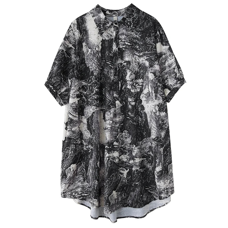 XITAO Loose Print Shirt Dress Vintage Simple Short Sleeve Slimming All-match Women Summer Korea Irregular Dress ZMY1150