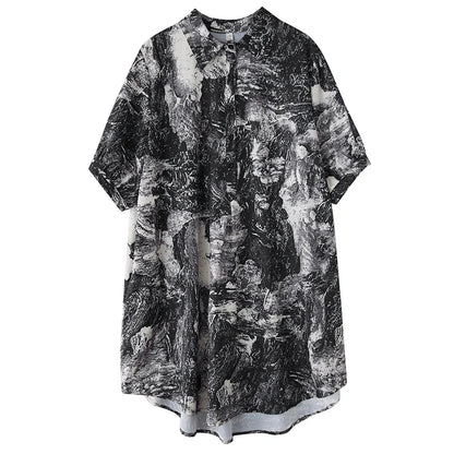 XITAO Loose Print Shirt Dress Vintage Simple Short Sleeve Slimming All-match Women Summer Korea Irregular Dress ZMY1150
