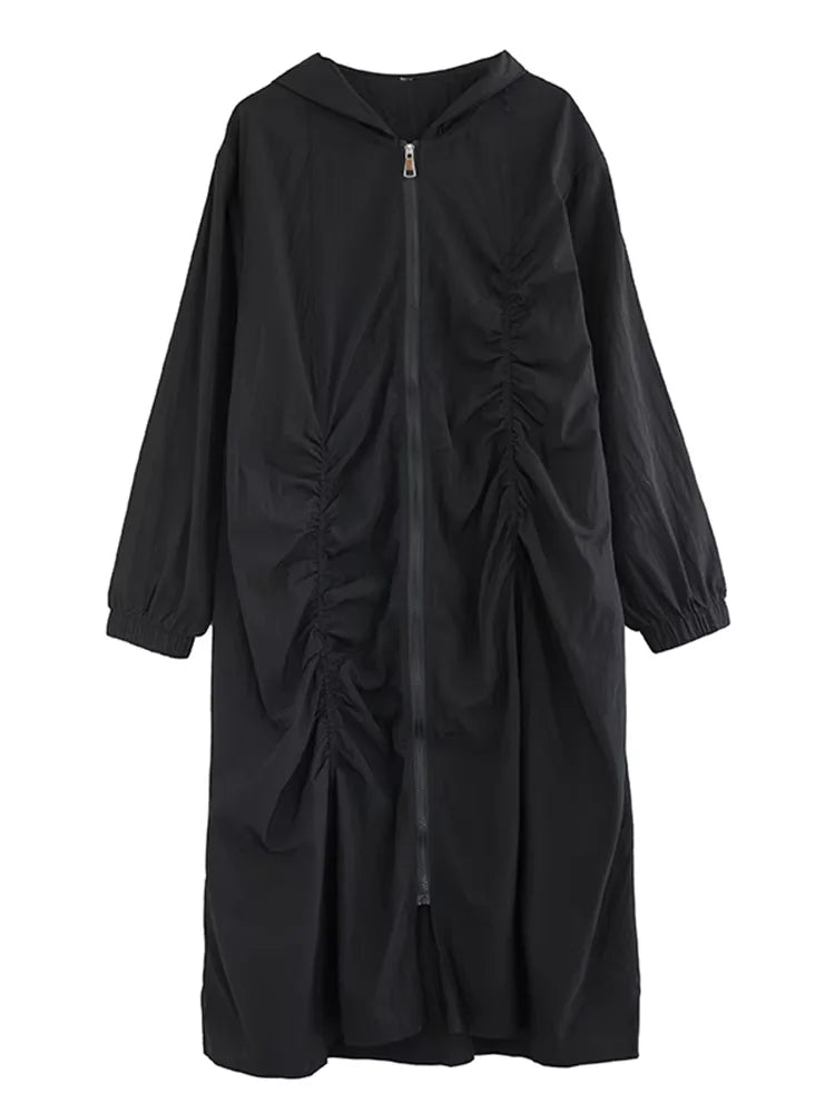 XITAO Pleated Zipper Hooded Full Sleeve Dress Loose Fitting A-line Vintage Japanese Style Leisure Spring Women Dress HQQ2440