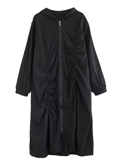 XITAO Pleated Zipper Hooded Full Sleeve Dress Loose Fitting A-line Vintage Japanese Style Leisure Spring Women Dress HQQ2440