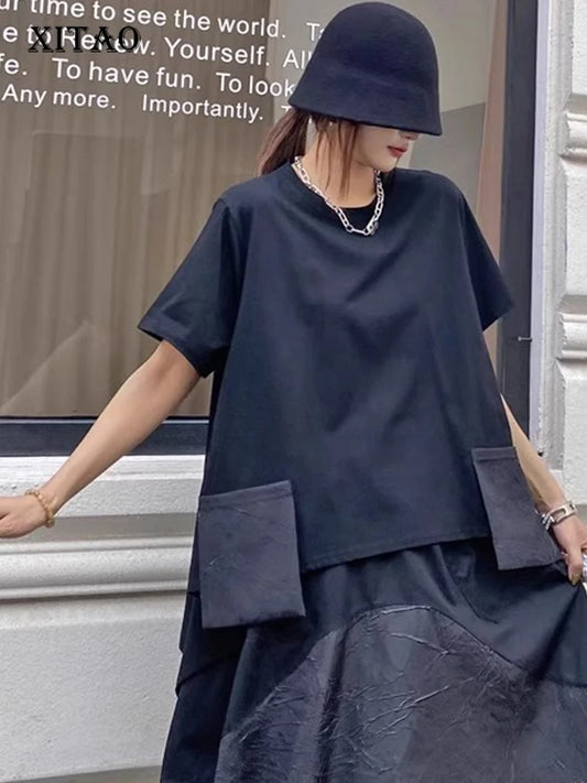 XITAO Pocket O-neck Half Sleeve T-shirt Casual Loose Fitting Leisure Contrast Color Fashion Simple Spring Women T-shirt GYX1568