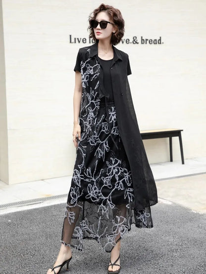 XITAO Asymmetrical Pocket Embroidery Sets Two-piece Turn-down Collar Short Sleeve Gauze Loose Elastic Waist Woman Sets ZMY1291