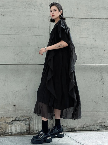 XITAO Irregular Patchwork Ruffles Mesh Dress Solid Color O-neck Loose Casual Temperament Personality Summer Woman Dress ZMY1270