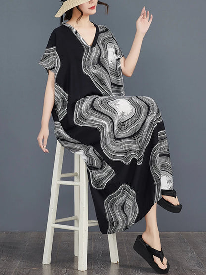 XITAO Batwing Sleeve A-line Print Dress Short Sleeve Casual Simple Personality Loose Fitting Summer Female Dress ZMY1154