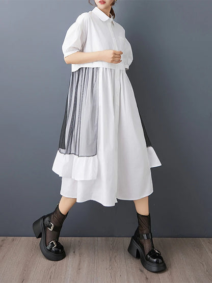 XITAO Patchwork Gauze Irregular Female Dress Turn-down Collar Single Breasted Loose Ruffles Summer Woman Shirt Dress ZMY1229