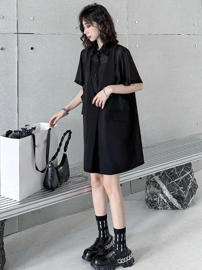 XITAO Patchwork Single Breasted Fake Two Pieces Dress Women Short Sleeve Pullover Solid Color Temperament Casual Dress ZMY1308