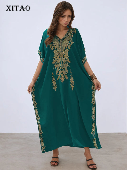 XITAO Embroidery Batwing Sleeve Dress V-neck Pullover Side Split Loose Temperament Casual Slim Summer Women Dress XITAO GJ1147