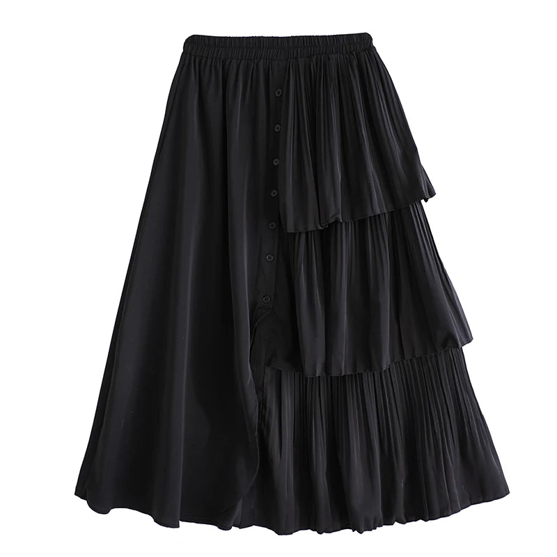 XITAO Irregular Button Elastic Waist Skirt Casual A-line Solid Color New Arrival Loose Comfortable Patchwork Women Skirt GYX1624