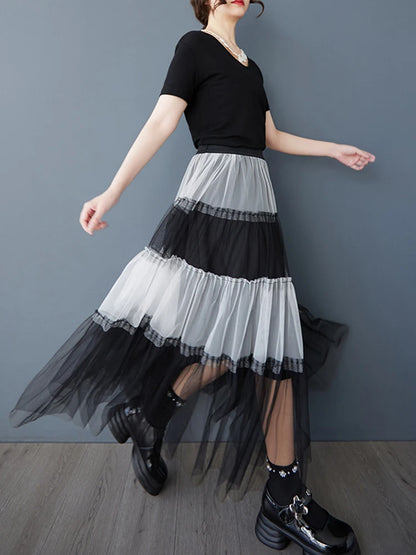 XITAO Gauze Patchwork Contrast Color A-line Skirt Elastic Waist Loose Temperament Casual Slimming Summer Women Skirt ZMY1065
