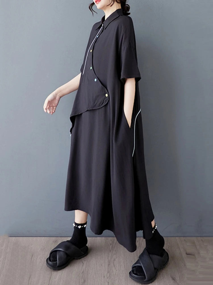 XITAO Asymmetrical Patchwork Single Breasted Dress Turn-down Collar Short Sleeve Pullover Loose Casual Slimming Dress ZMY1055
