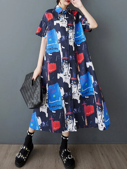 XITAO Irregular Print Loose Female Shirt Dress Personality Korea Women Summer New Casual Short Sleeve Slimming Dress ZMY1134