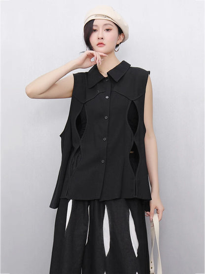 XITAO Hollow Out Lapel Single Breasted Vest Casual Solid Color Loose Fashion Sleeveless New Arrival Simple Female Vest GYX1620