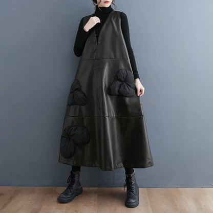 XITAO Three-dimensional Decoration V-neck Dress Solid Color Patchwork Pullover Sleeveless Loose 2024 Spring New Casual Dmj2310