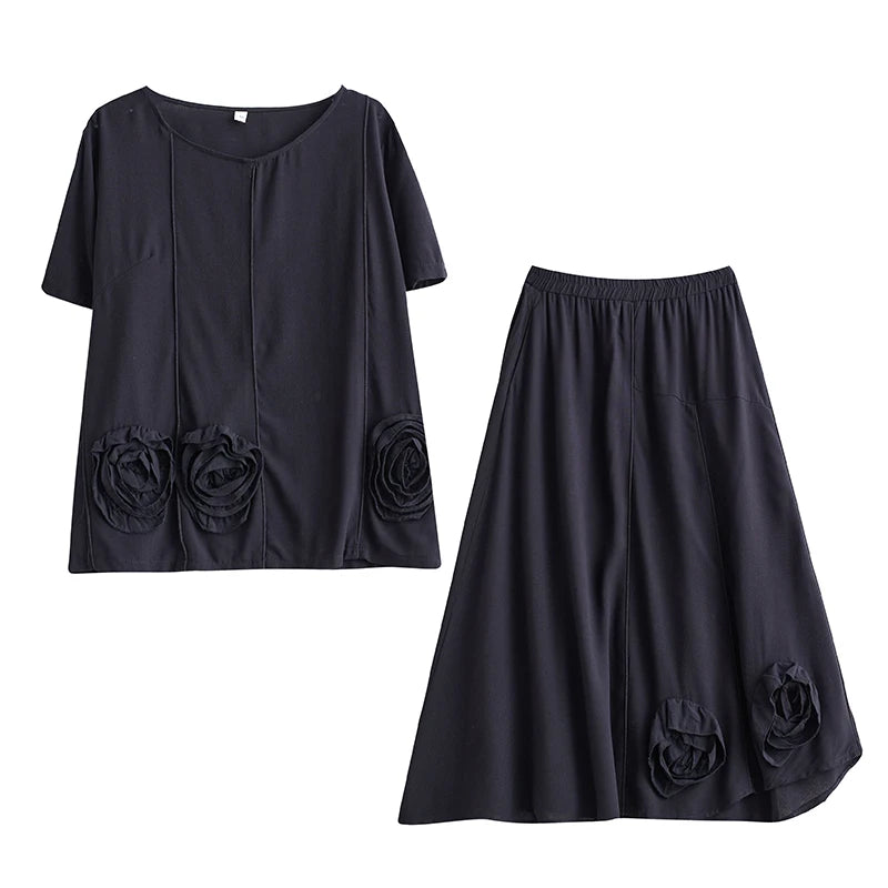 XITAO Floral O-neck Asymmetric Matching Set Casual Solid Color Elastic Waist A-line Short Sleeve Fashion Women Set GYX1573