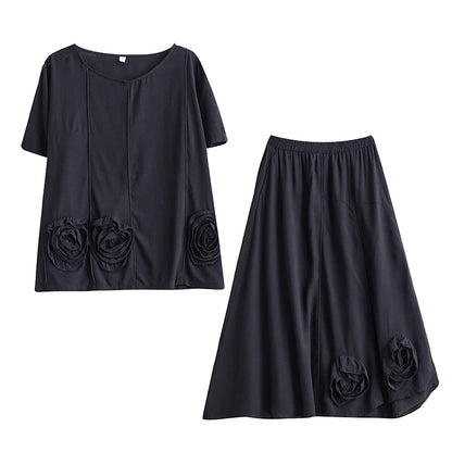 XITAO Floral O-neck Asymmetric Matching Set Casual Solid Color Elastic Waist A-line Short Sleeve Fashion Women Set GYX1573
