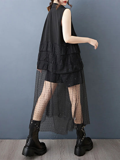 XITAO Gauze Patchwork Sequin Dress Sleeveless V-neck Loose Casual Single Breasted Solid Color Mesh Summer Woman Dress ZMY1320