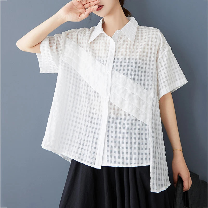 XITAO Asymmetric Patchwork Shirt Casual Short Sleeve Turn-down Collar Solid Color Loose Fitting Summer Female Blouse ZMY1052