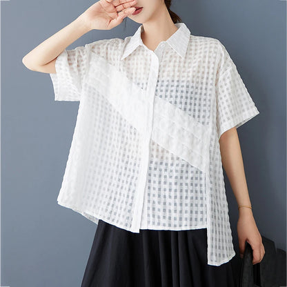 XITAO Asymmetric Patchwork Shirt Casual Short Sleeve Turn-down Collar Solid Color Loose Fitting Summer Female Blouse ZMY1052